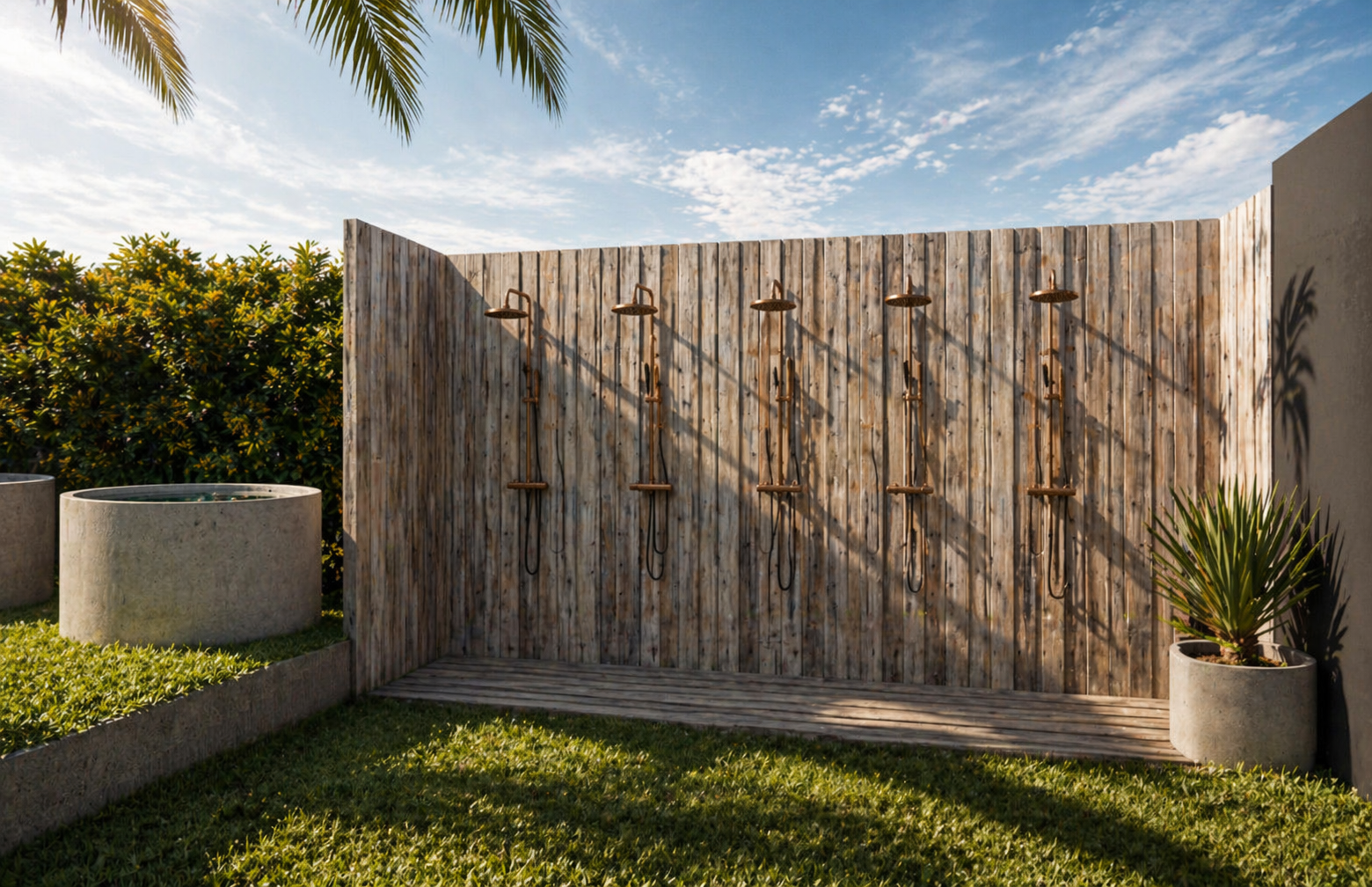 Outdoor teak showers at Scandinavian Heat Club San Diego